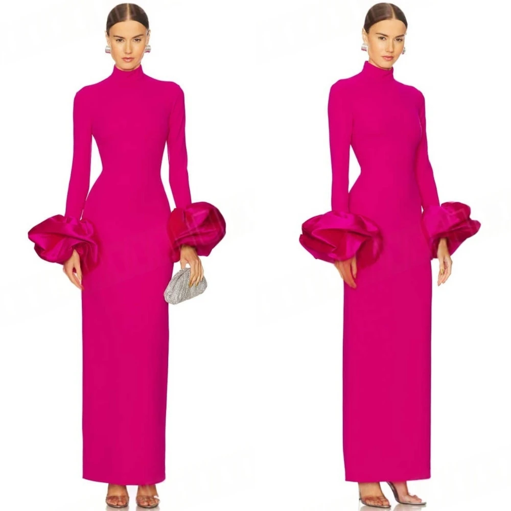 أزياء رسمية مخصصة حمراء طويلة الأكمام جيرسي حفلة موسيقية فستان سهرة فستان مناسبة مخصصة الكشكشة خط العنق العالي