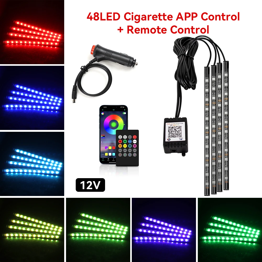 Neon 48 72 LED auto-interieur omgevingsvoetlicht met USB draadloze afstandsbediening muziek app-bediening auto RGB sfeer decoratieve lampen