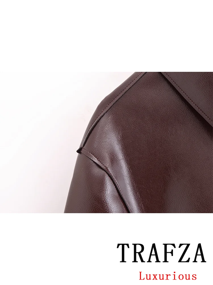 TRAFZA Vintage Faux Leather garnitur damski z długim rękawem skręcić w dół kołnierz kurtki prosta Mini spódniczka moda 2024 garnitur jesienno-zimowy