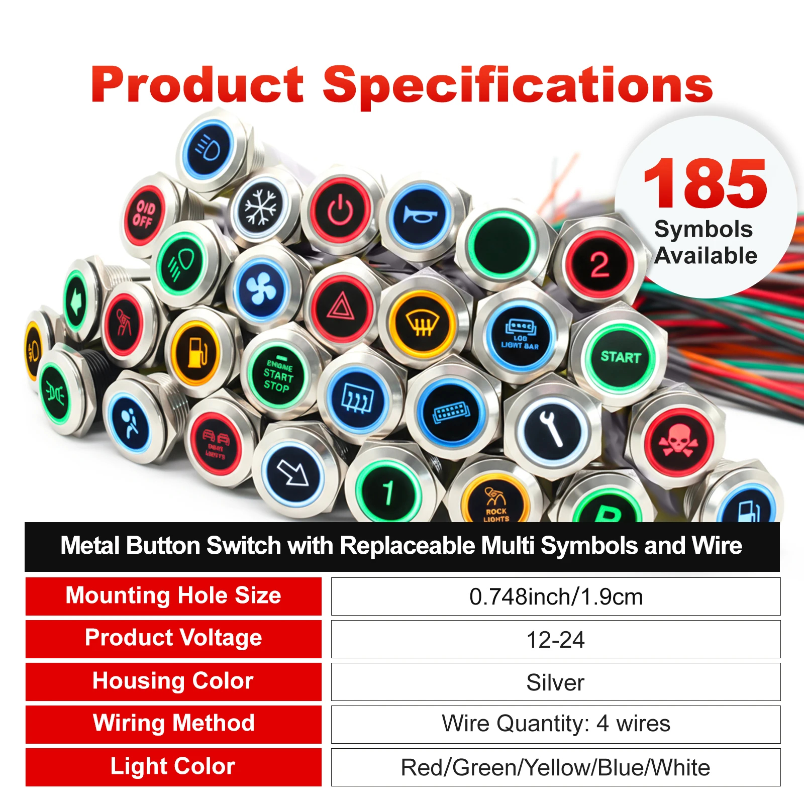 FILN 2 Stück 19mm Drucktastenschalter 20A IP67 Edelstahl Wasserdicht Ersatz für 180 Symbole Einfache Installation Auto-Armaturenbrett & Maschinen – Detail 3