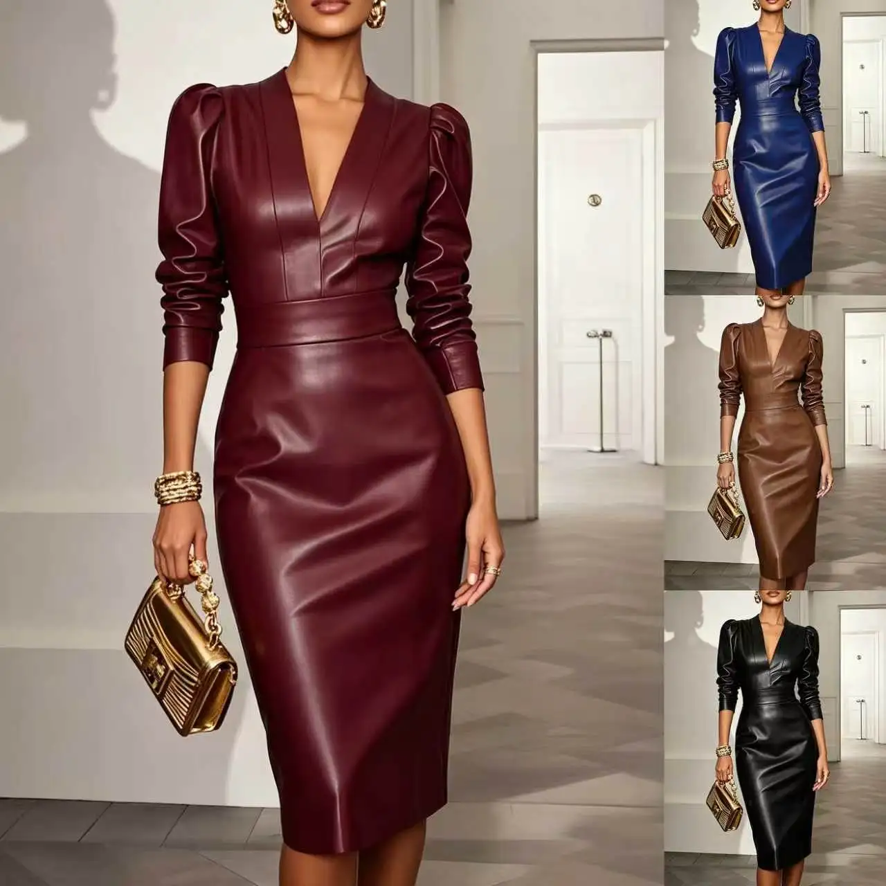 New European American Women Deep V Puff Shoulder Faux Leather Midi Dress Long Sleeve Cinched Waist Bodycon Dress