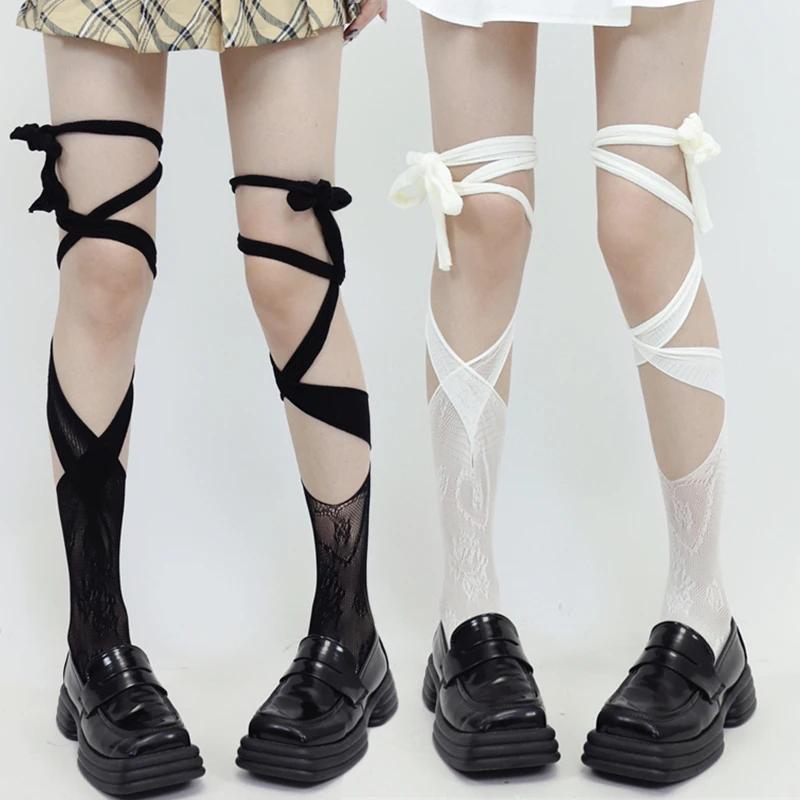 Sexy Lace Bandage Cross Socks Women Lolita Mesh Long Ribbon Strap Toe Socks harajuku Bow Breathable Stockings Y2K Hosiery Sock