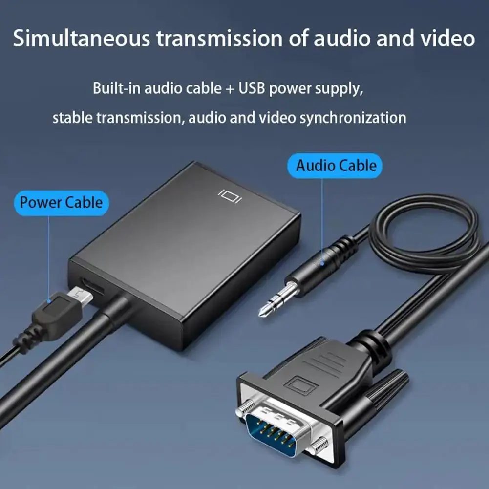 VGA para HDMI-compatível conversor cabo adaptador com saída de áudio, 1080P Full HD, apto para PC, projetor portátil