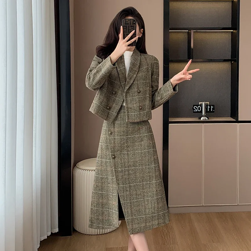 

UNXX Winter British Style Plaid Woolen Skirt Suits Retro Casual Double-breasted Plaid Coat Split Long Skirt Two-piece Sets Women