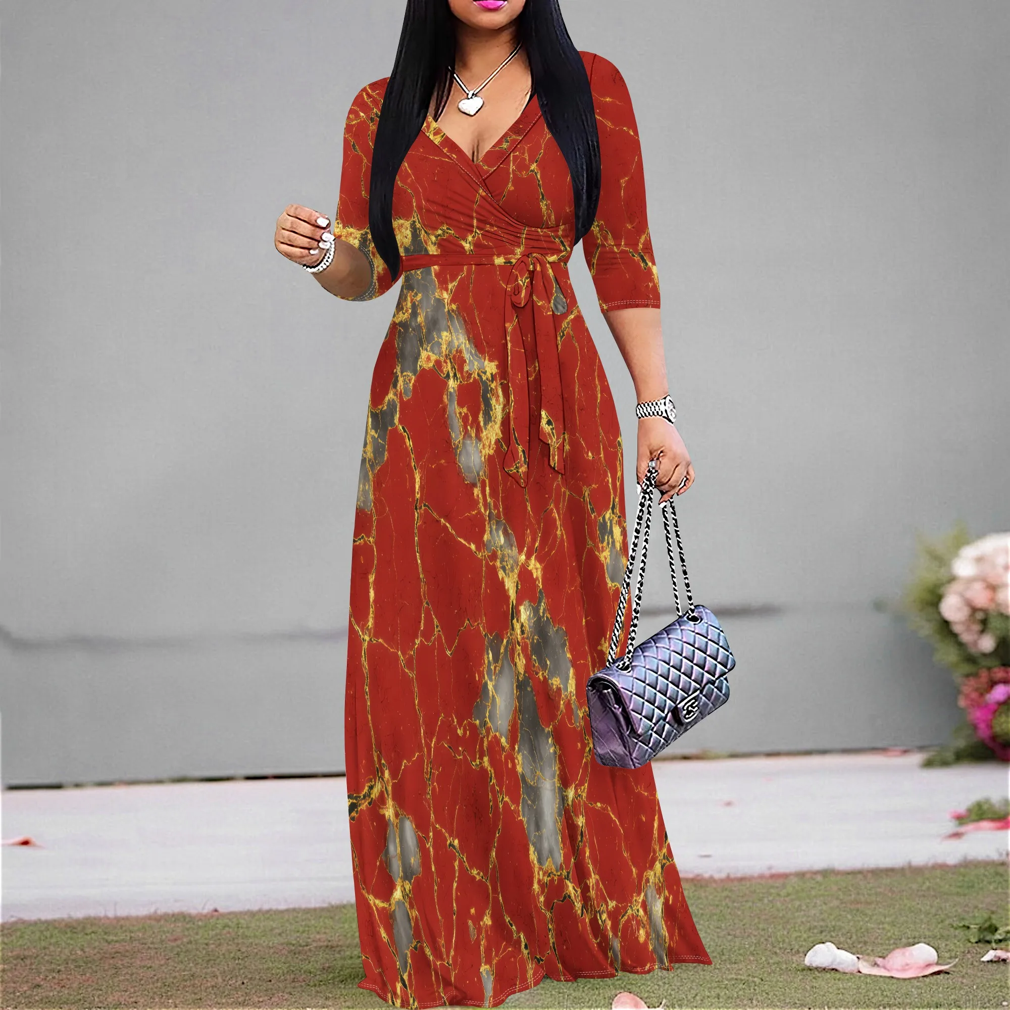 

Red Marble Print Maxi Dress for Women 2025 Elegant V Neck 3/4 Sleeve Waist Tie Long Dress Plus Size XS-3XL