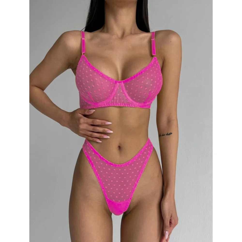 Sexy Polka Dot Half Cup See Through Sheer Push Up Bra And Thong Underwear Sets Ultra Thin Transparent Basic Erotic Lingerie Set