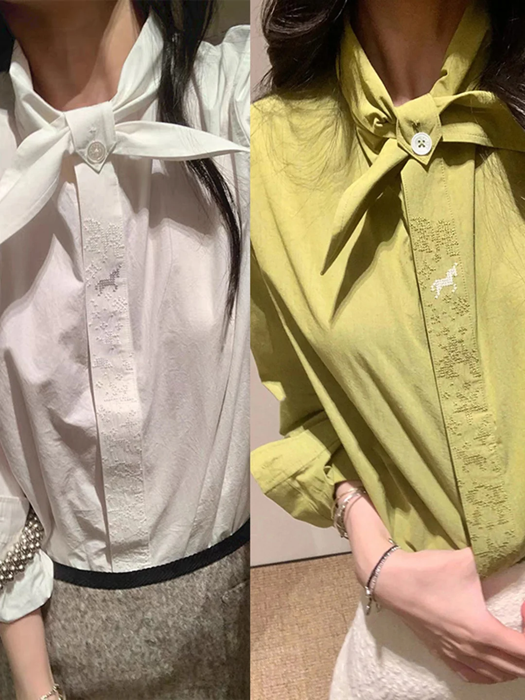 

Элегантная женская рубашка с вышивкой и длинным рукавом, модный дизайн с бантом, прямой крой, хлопок, весна-лето