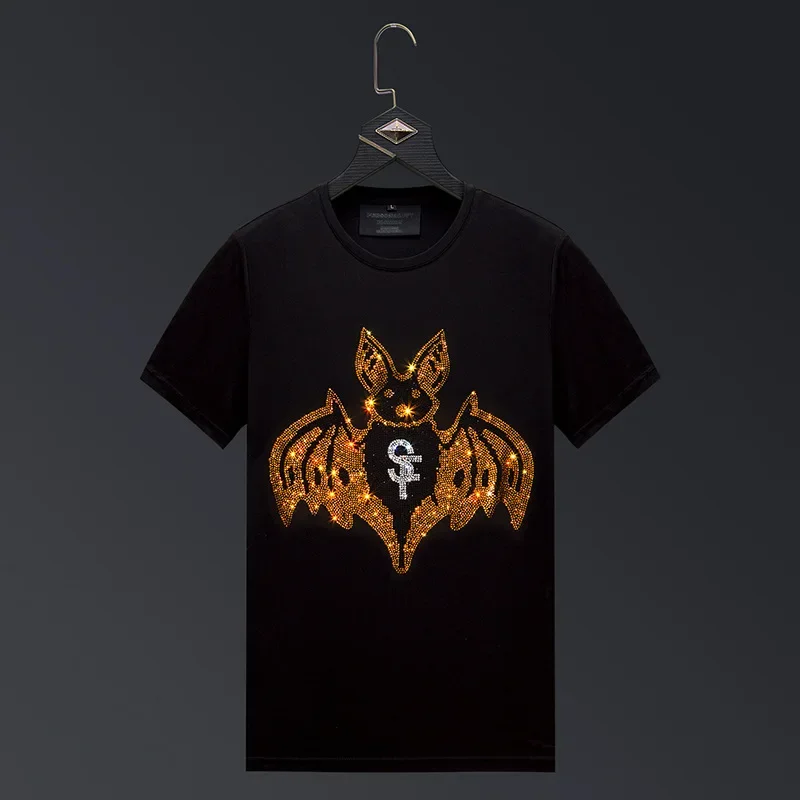 

Футболки с короткими рукавами размера плюс 2025 с летучей мышью и бриллиантами, мужская одежда, модная уличная одежда, тонкие футболки из мерсеризованного хлопка с круглым вырезом Hombre
