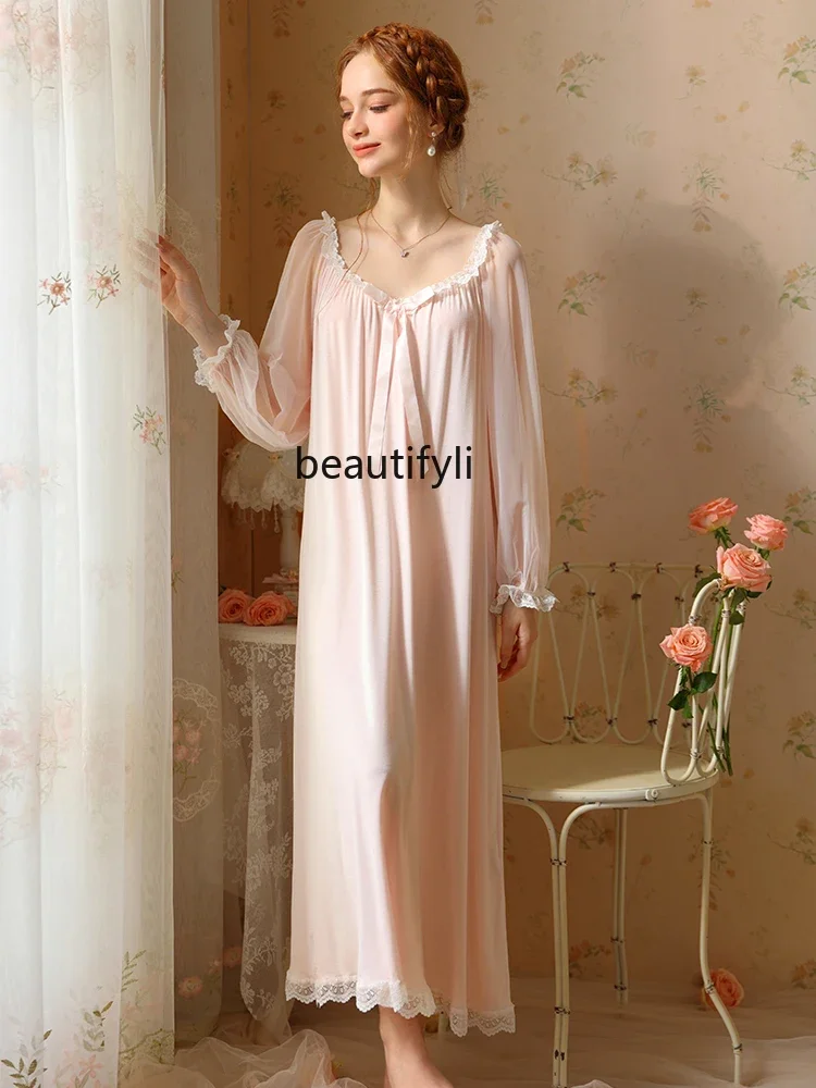 Palace Style Nightdress for Women New Spring/Summer Modal Long Sleeve Sexy Thin Lace Princess Style French Style Pajamas