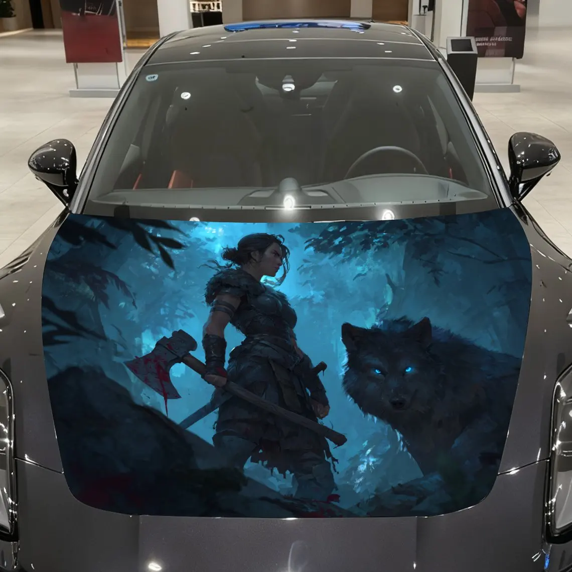 

Dark Forest Female Warrior and Wolf Car Vinyl Wrap, PVC Material Waterproof Car Hood Sticker, Self-Adhesive Scratch-Resistant St