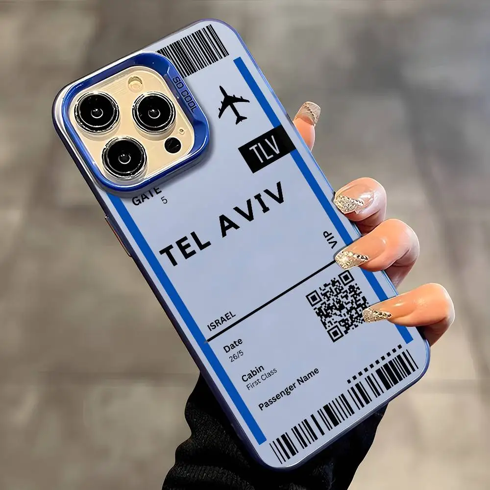 Israel Plane Travel Ticket Phone Case For iPhone 16 15 14 13 12 11 Plus Pro Max multicolor Aurora laser Shockproof Funda Cover
