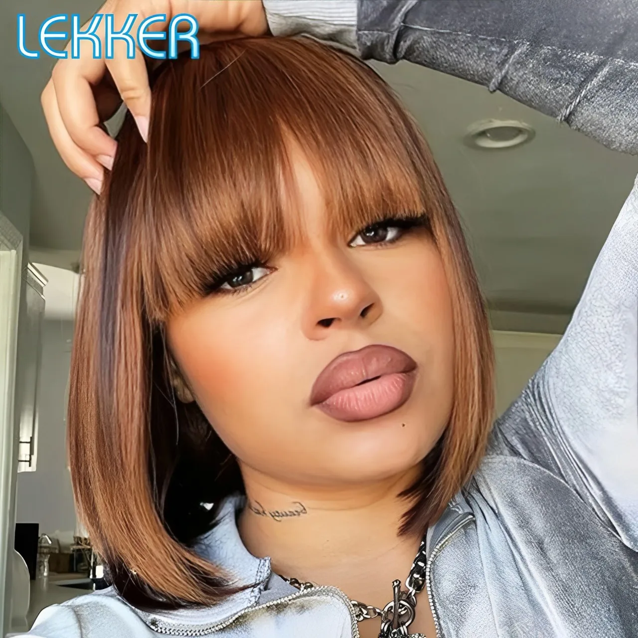 Lekker Ombre Brown Short Straight Bob 100% Human Hair Wig With Bangs For Women Brazilian Remy Hair Colored Full Machine Made Wig