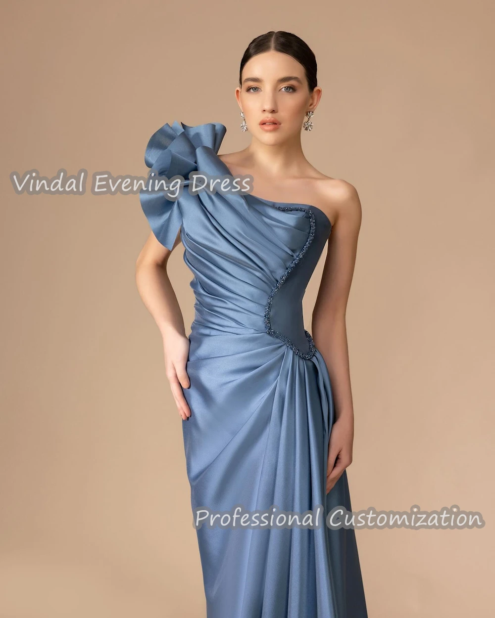 Vindal Evening Dress One Shoulder Floor Length A-Line Satin Built-in Bra Elegant Ruffle Short Sleeves Saudi Sexy For Woman 2024