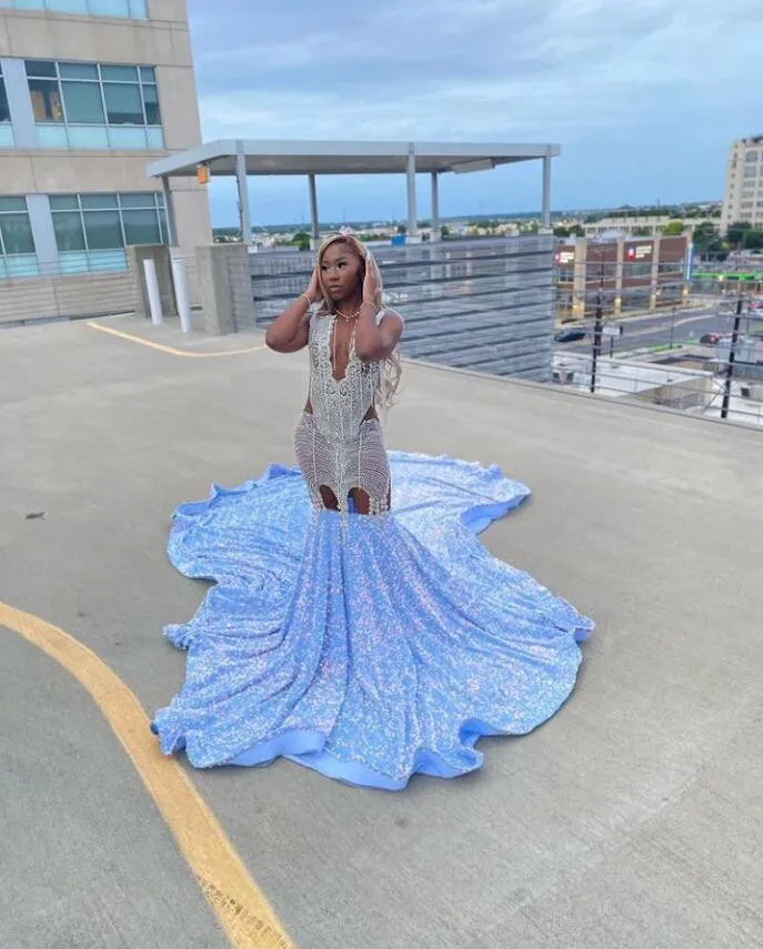 Vestidos de baile de sereia africana para mulheres, diamante brilhante, malha pura de veludo, vestido de noite para menina negra, cerimônia azul prateada