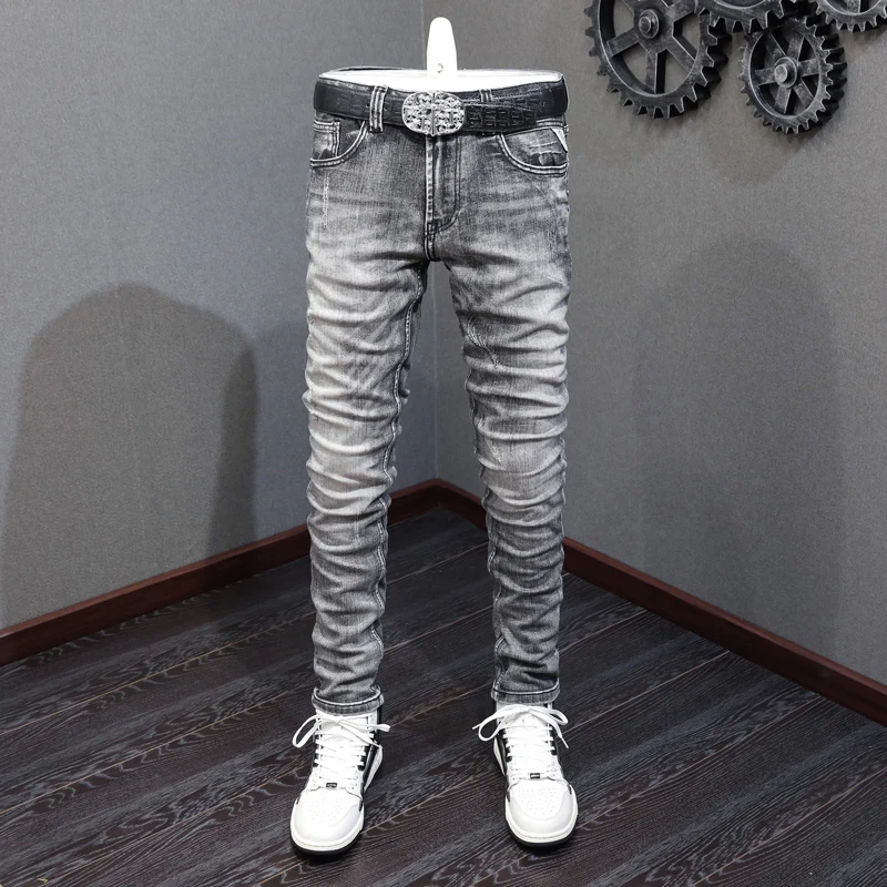 

Newly Designer Fashion Men Jeans High Quality Retro Dark Gray Elastic Slim Fit Ripped Jeans Men Vintage Casual Denim Pants Homme