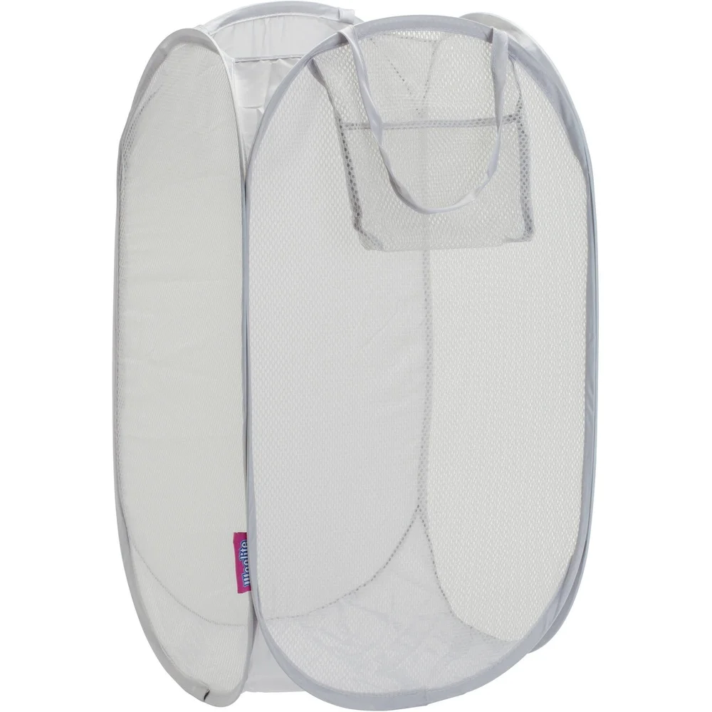 Pop Up Laundry Hamper Antimicrobial Mesh Foldable Storage Basket with Side Pocket Carrying Handles Home Organization