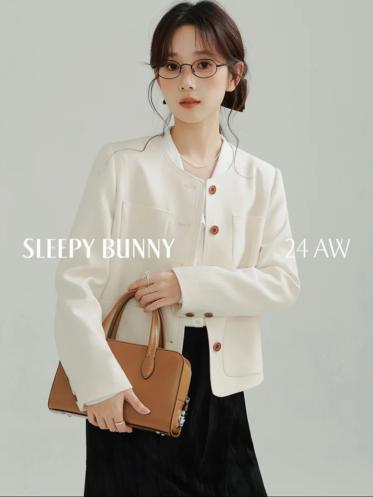 Elegant Retro Casual Contrast Trim Round Neck Jacket Short Cropped Blazer Women Vintage Chic Slim Fit Single Breasted Coat Top