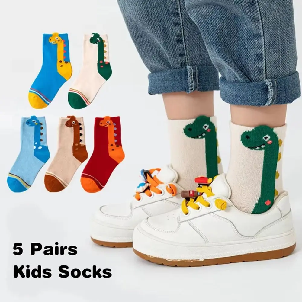 

5 Pairs Cotton Crew Socks Dinosaur Pattern Comfortable 's Mid-Calf Socks Anti-Odor Breathable School Socks for Boys and Girls