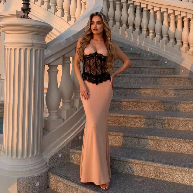 

Elegant Gown Women Lace Patwork Party Dresses Luxury 2025 Summer New Fashion Bodycon Strapless Maxi Dress Casual Holiday Outfits