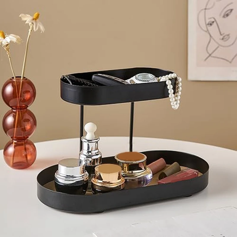 Leather Iron Black Perfume Tray-Perfume Stand Organizer For Dresser,Double Black Cosmetic Perfume Storage Rack Durable