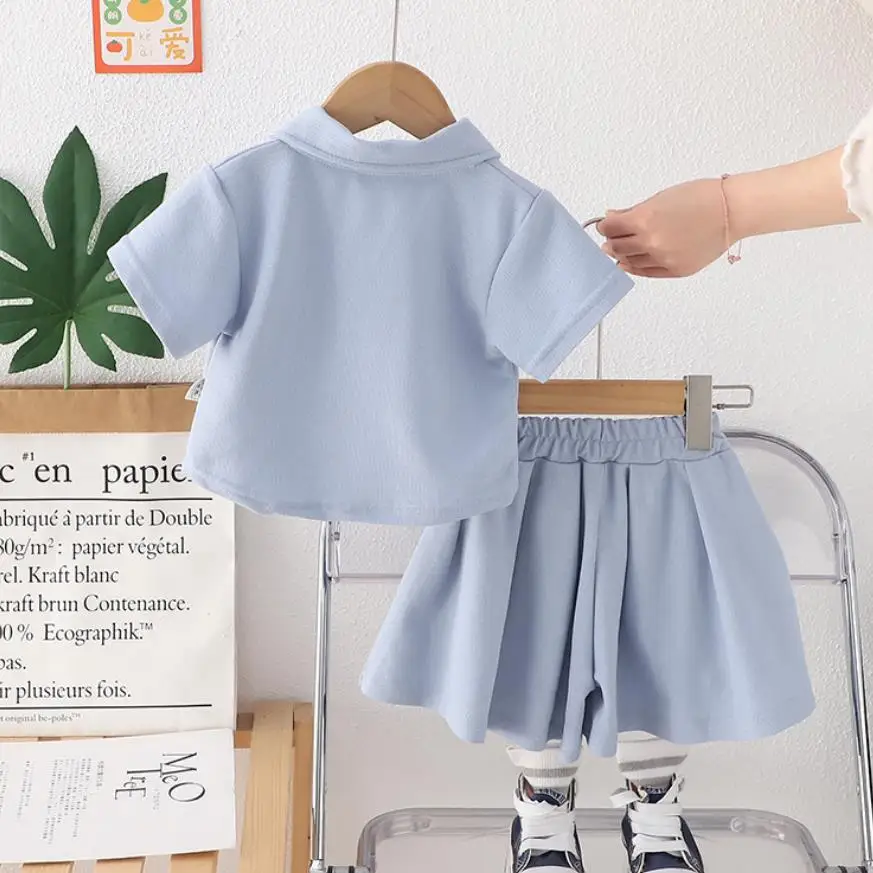 طفل الفتيات قصيرة الأكمام الدعاوى الكورية نمط ملابس الصيف بلون بدوره إلى أسفل طوق تي شيرت والسراويل الاطفال فتاة الملابس #5