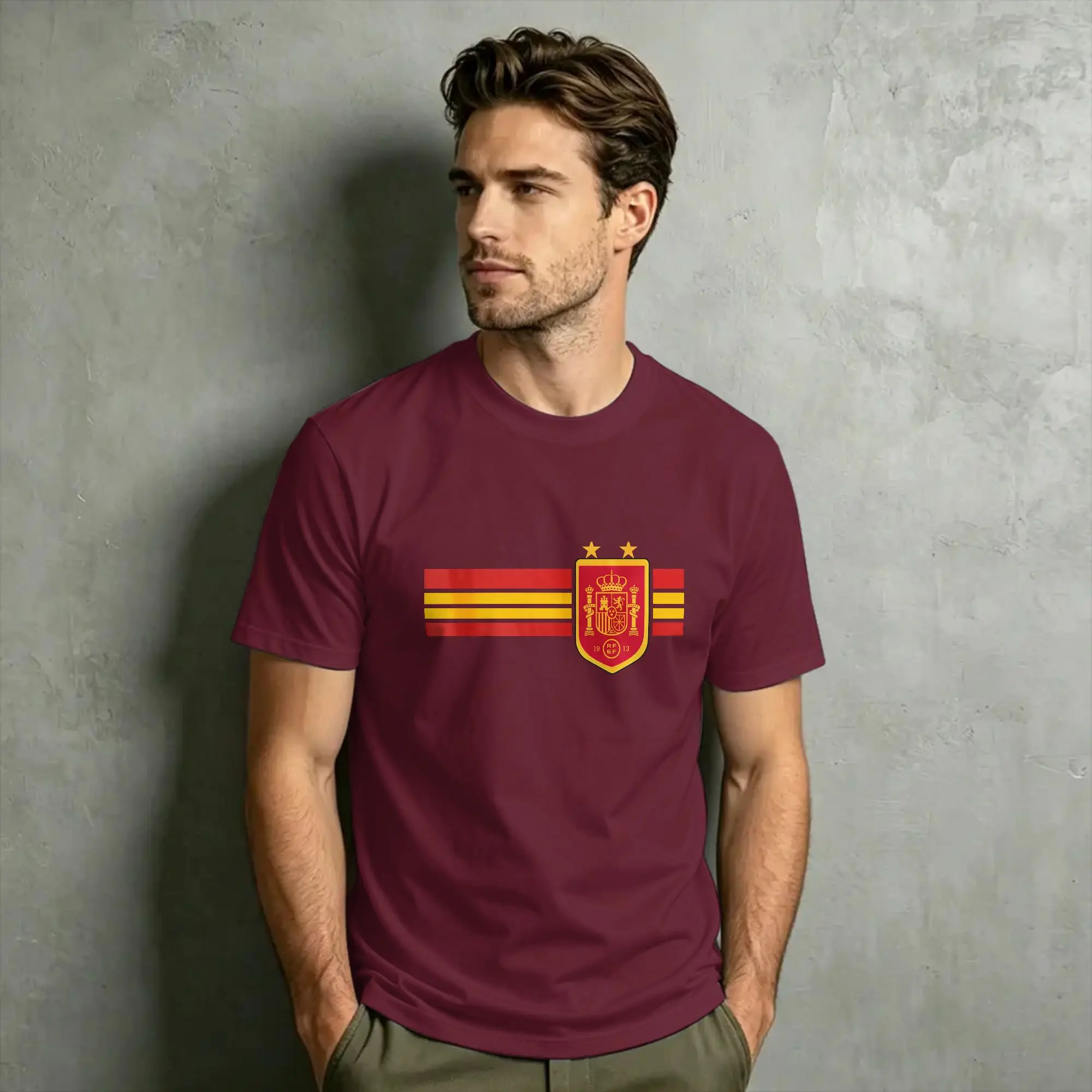 Men T-Shirt Spain Two Star National Crest Horizontal Flag Strip Vintage Cotton Tees Short Sleeve Round Neck Tops Printing