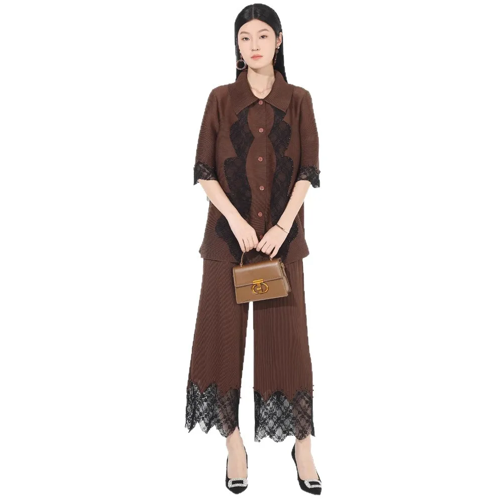 Set Sambungan Mode Kerut Celana Kaki Lurus Gantung Atasan Elastis Gesper Kerah Komuter Temperamen Kelas Atas Set Dua Potong