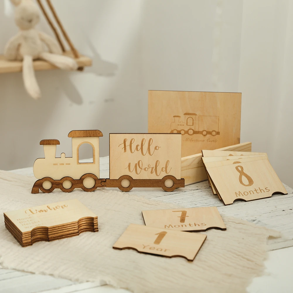 Baby Wooden Train Milestone Cards Set 14 With Organizer Box Photography Props Newborn 0-12 Months First Year Birthday Gift