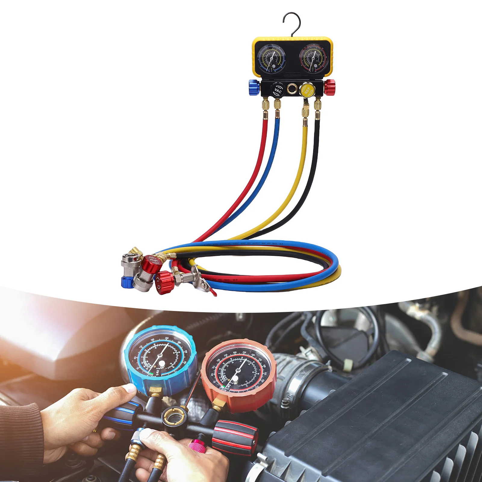 HVAC Gauges with Hoses 4 Way Heavy Duty Brass AC Manifold Gauge Set Replacement for R410A R32 R134A R22 Refrigerants