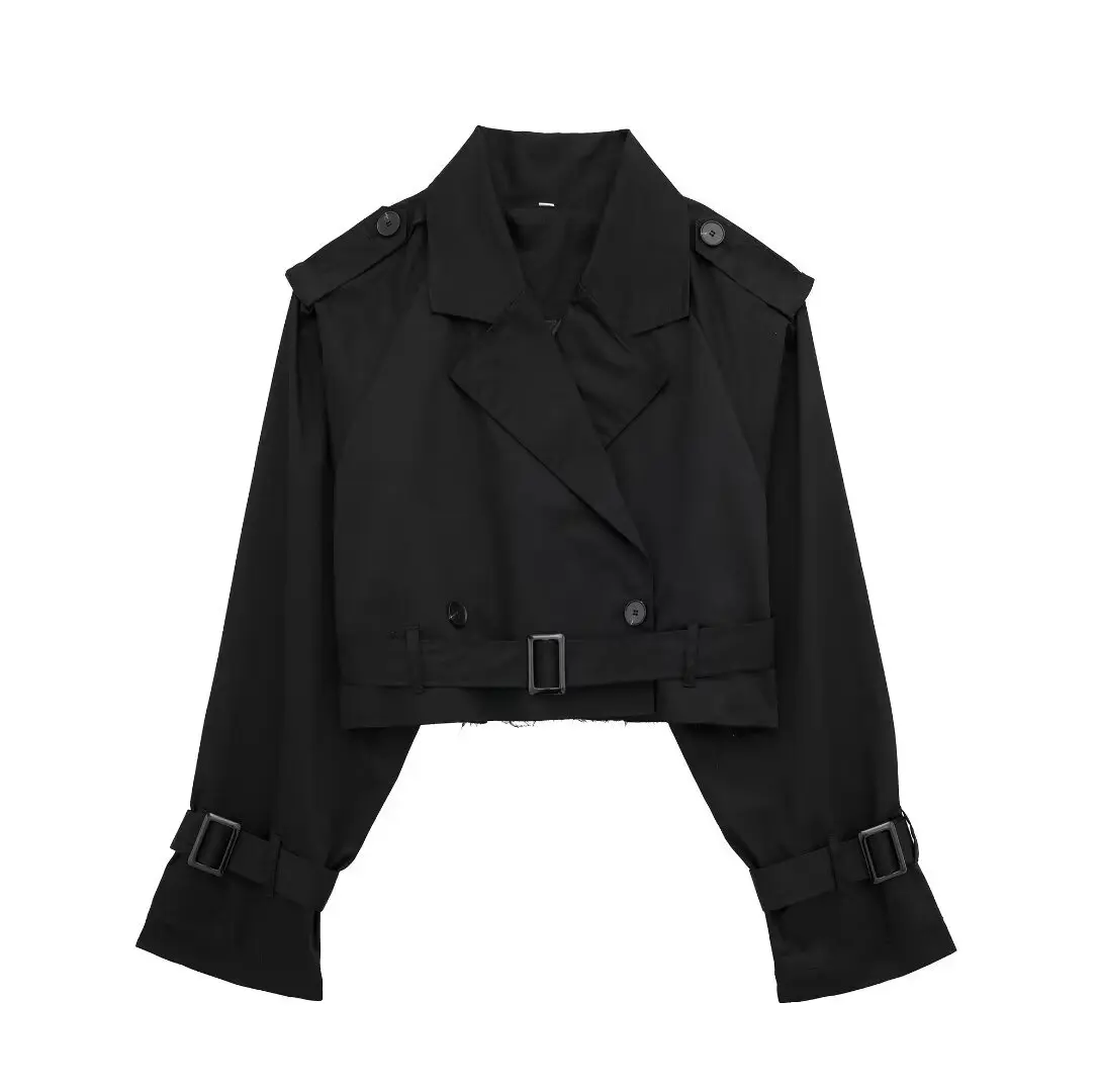 HH2025 Vrouwen Riem Cropped Geul Lente Jas Vintage Streetwear Double Breasted Lange Mouw Top Vrouwelijke Jas Outfits - afbeelding 1