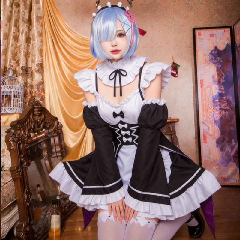 

Rem Ram Cosplay Costume Anime Re Life in A Different World From Zero Cos Dress Maid Outtift Full Set Women Christmas Halloween
