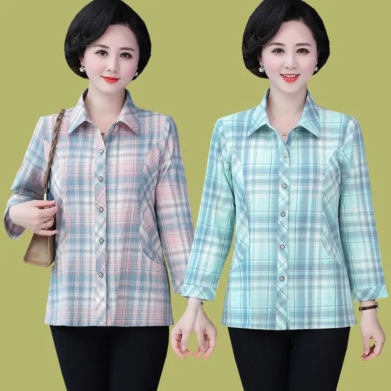 

Women's Plaid Print Shirts Casual Notch Polo Collar Blouse 2024 New Long Sleeve Pullover Soft Shirt Loose Casual Sun Tops T175