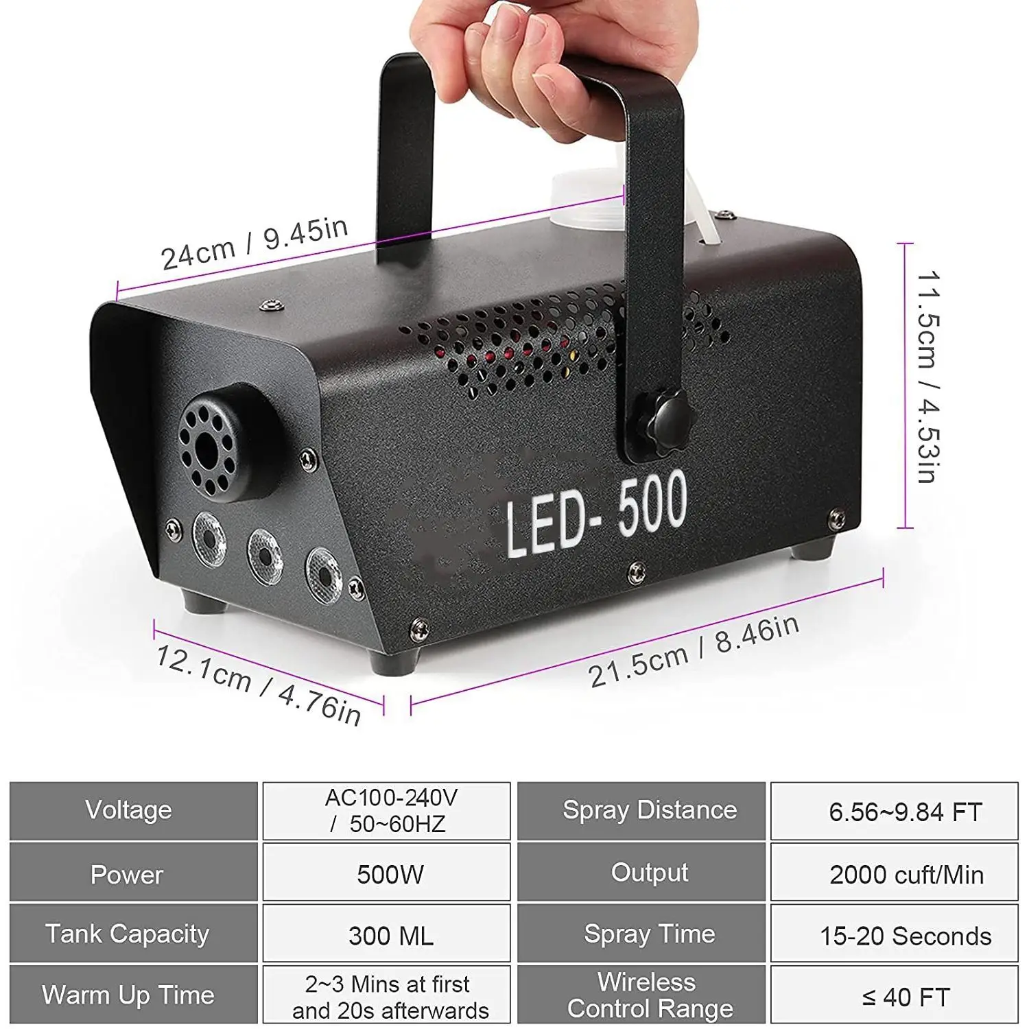 Fog Machine, 500W Halloween Portable Smoke Machine with Color LED Lights,Remote Control Suitable for Christmas EU Plug