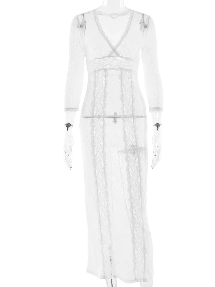 XIAOTANG nouvelles femmes dentelle pure col en v robe femmes mode tendance Sexy élégant à manches longues robe longue automne hiver robes