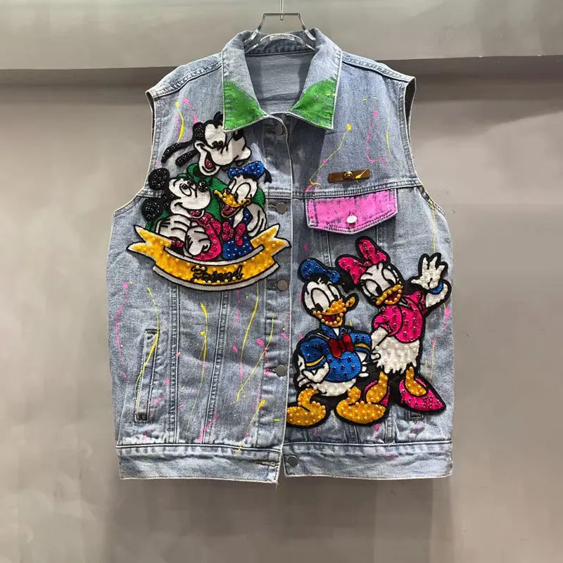 

Уменьшение возраста, новинка 2026, весенний женский джинсовый жилет, большой размер, куртка без рукавов, однобортные жилеты с вышивкой и рисунком, пальто