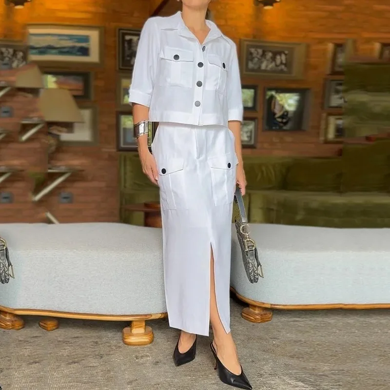 

Elegant Women's Clothing Set Quarter Sleeved Top and Long Skirt 2024 Summer Casual New Polo Solid Two Piece Suit Streetwear