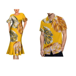 Women'S Slim Dress Elegant Fashion Design Summer New Men'S Mikro Shirt Custom Polynesian Vintage Print Design Couple Suit