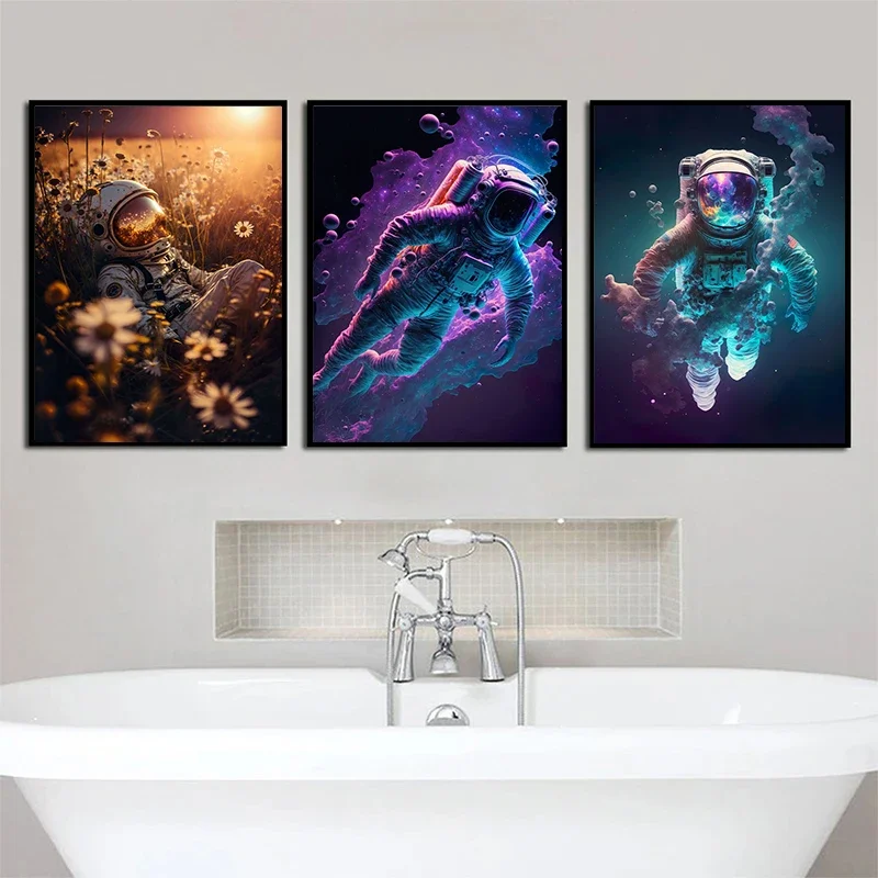 Astronaut in Flower Sea Spacewalk Canvas Poster Trippy Abstract Wall Picture for Living Room Bedroom Playroom Modern Home Decor