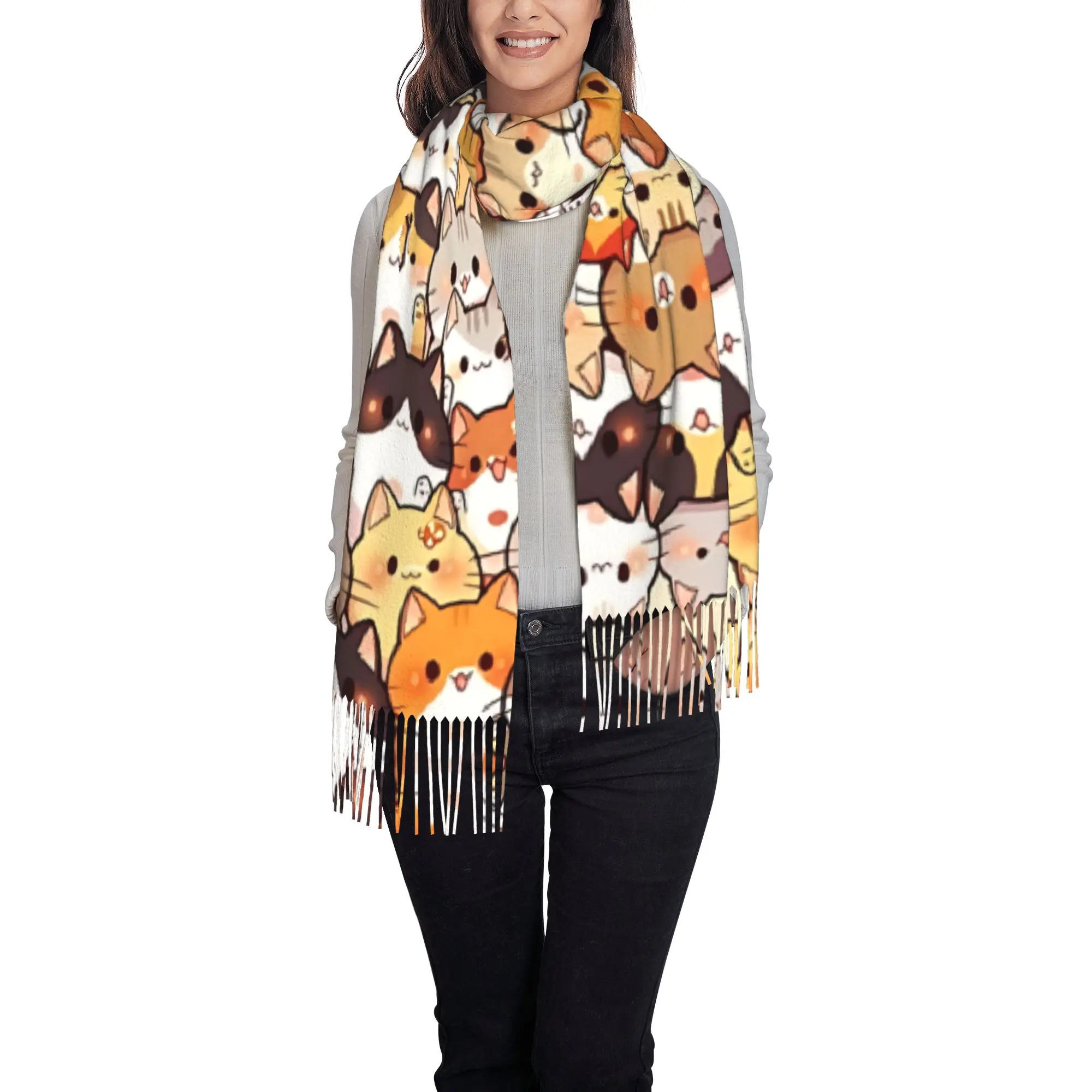 1 PC Cute Cat Kitten Collage Print Autumn Scarf Women Winter Pashmina Shawls Warm Blanket Wraps  Female Thick Scarves