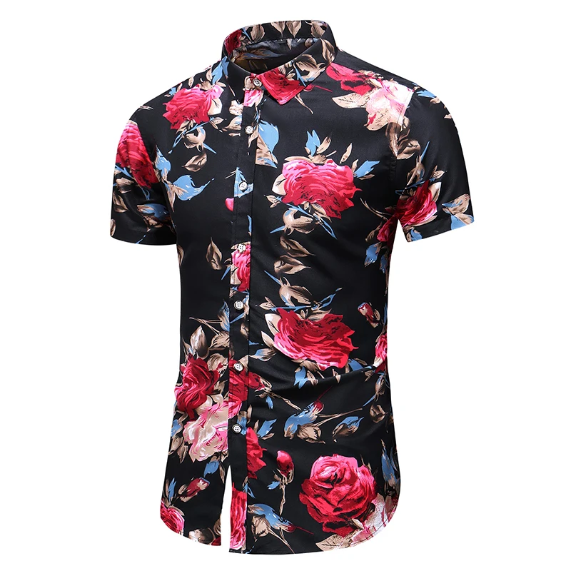 

Summer Men's Short Sleeve Hawaiian Shirt New Fashion Rose Printed Casual Plus Size Floral Shirts For Men Business Office 7XL