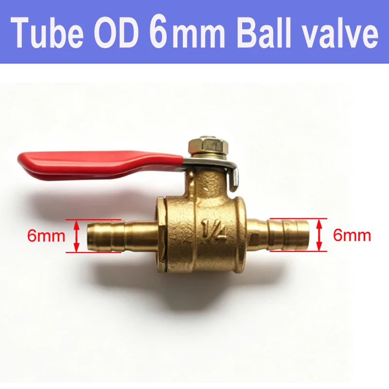 Small Red Handle Brass Shutoff Ball Valve, 6mm 8mm 10mm 12mm Barb Hose Connector for Water Air Fuel Gas Oil