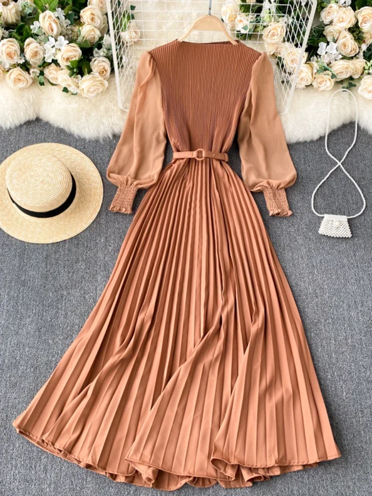 New 2021 Women Elegant Maxi Dress Spring Summer Patchwork Puff Long Sleeve Pleated Muslim Long Dresses Ladies Party Dress