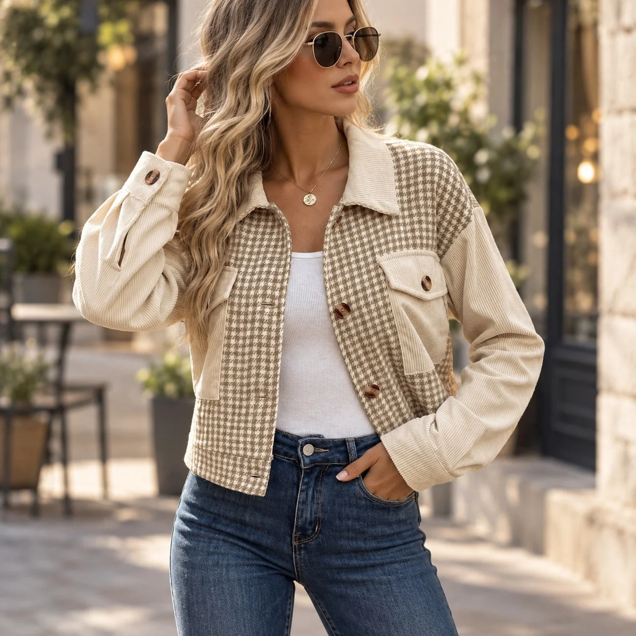Patchwork Top Plaid Short Length Artistic Retro Medium Weight Single Breasted with Multiple Buttons Regular Fit Women Coat