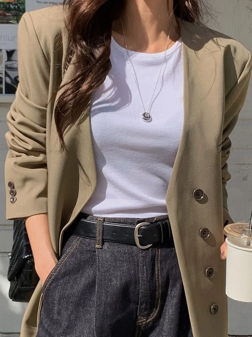 

Ele Simple V-образный вырез на одной пуговице, длинный костюм-свек Jaet, женский корейский костюм Аосфера, осень-зима, модный...