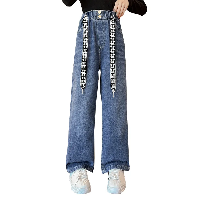 Girls Jeans Spring/Autumn New Loose Straight Pants for Children 10 12 13 14 Years Blue Teenage School Kids Casual Denim Trousers