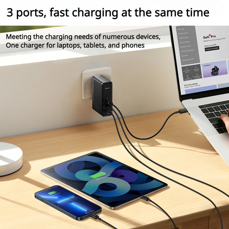 Baseus 140W Gallium Nitride Charger USB 3Port PD3.1 Fast Charging GaN TypeC Plug Data Cable Set for Macbook iPad Phone Computer