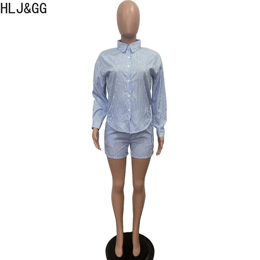 HLJ&GG Elegant Office Lady Stripe Printing Shirts Two Piece Sets Women Turndown Collar Button Long Sleeve Top And Shorts Outfits