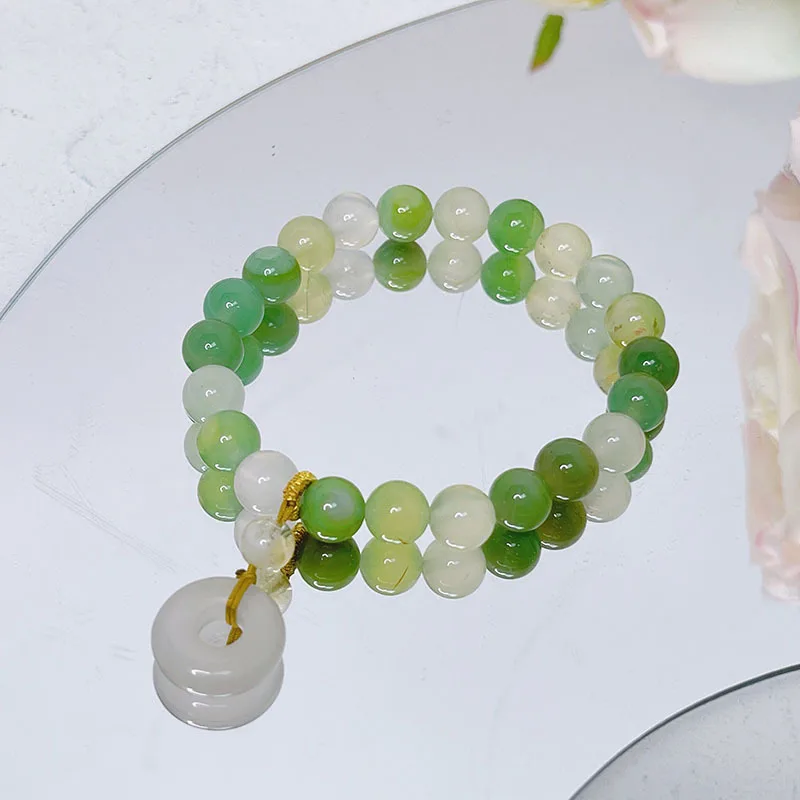 Vintage Round Chalcedony Charm Natural Green Agate Beaded Strand Stretch Bracelets for Women Fine Jewelry Accessories YBR745