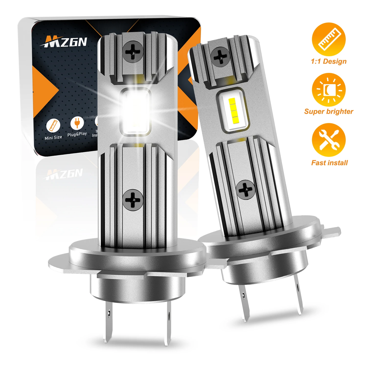 

MZGN 2Pcs H7 Mini LED Headlight H18 30W for Car Head Lamp No Fan CSP White Super Bright Auto Light Bulb 12V Plug and Play