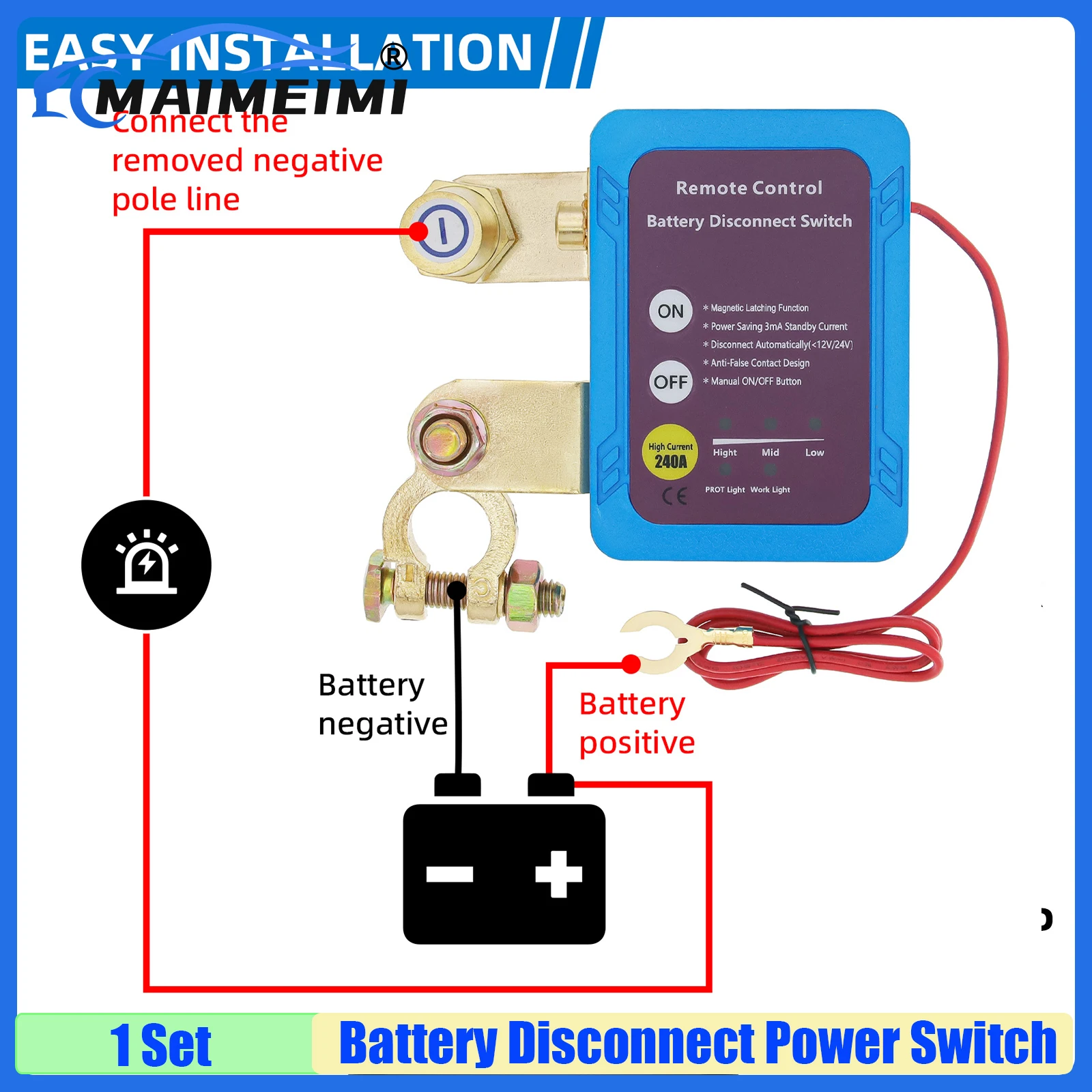 

MAIMEIMI Беспроводное двойное дистанционное автомобильное реле отключения аккумулятора, главный выключатель 12 В 240 А, сменное реле для автомобиля